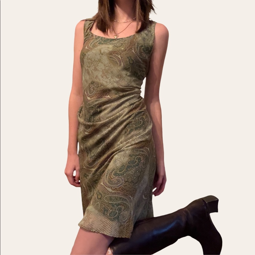 patterned green midi dress